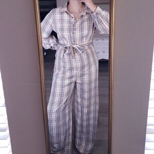 PINK LILY Long Sleeve Plaid Jumpsuit